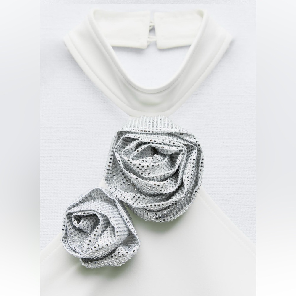 Zara NWT jeweled embellished floral detail halter neck white & silver bodysuit - Picture 3 of 10